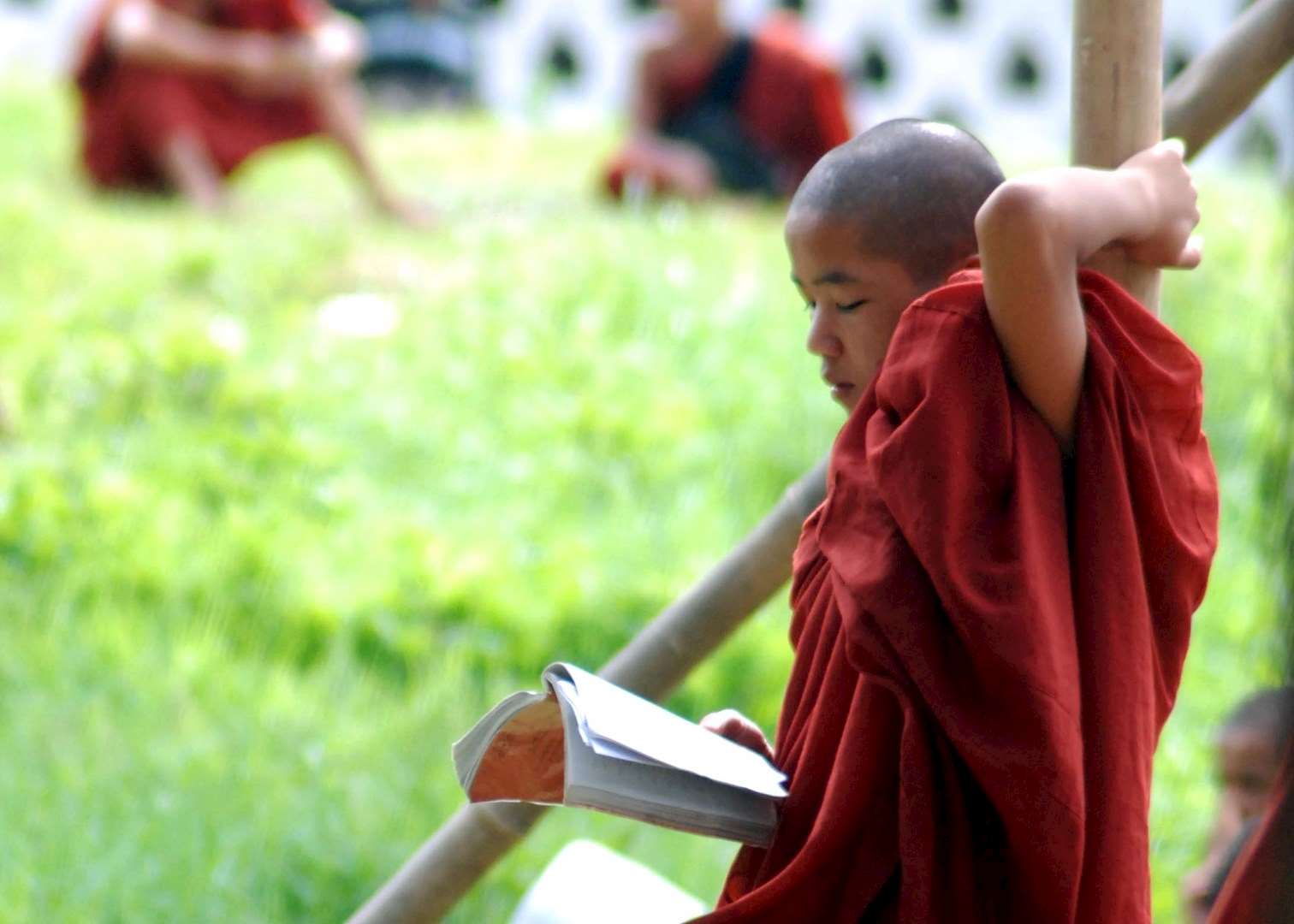A novice monk takes timeout to read in the grounds of a temple at Nyaungshwe
