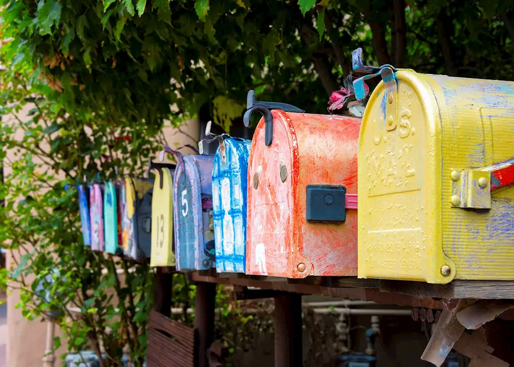Colorful vintage mailboxes, New Mexico