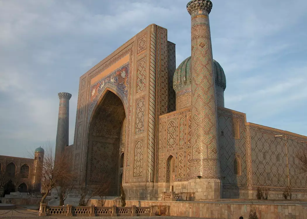 Sunset on the Sher Dor Madrassa, The Registan, Samarkand