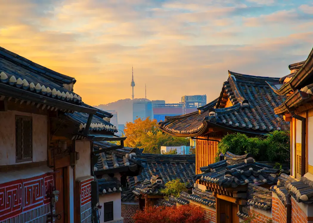 Sunrise over traditional shop houses in Seoul