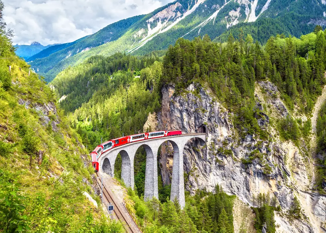 Glacier Express train on the Landwasser Viaduct, Switzerland