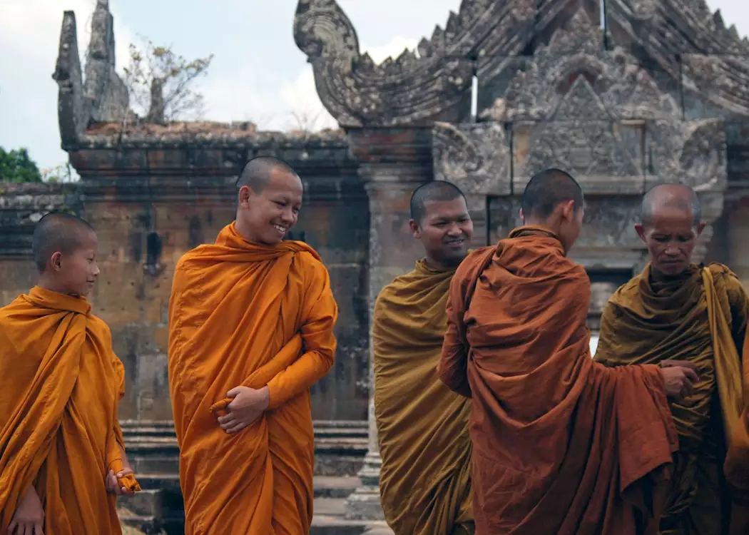Buddhist monks outside the central sanctuary at Preah Vihear