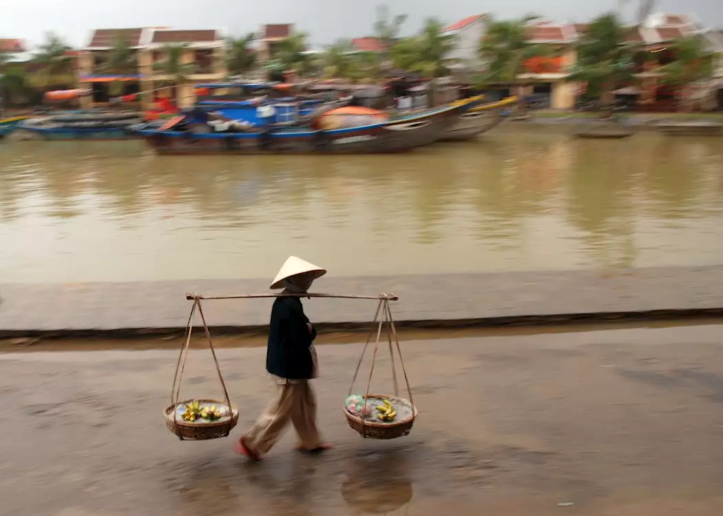 A fruit seller walks along the Thu Bon River, Hoi An