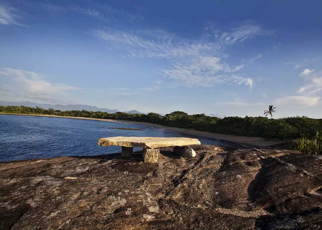 Stone bench overlooking the ocean - Manafiafy, Madagascar