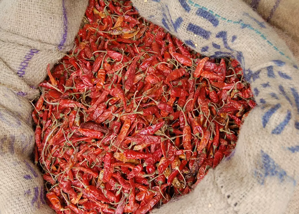 Dried chillies at a market stall