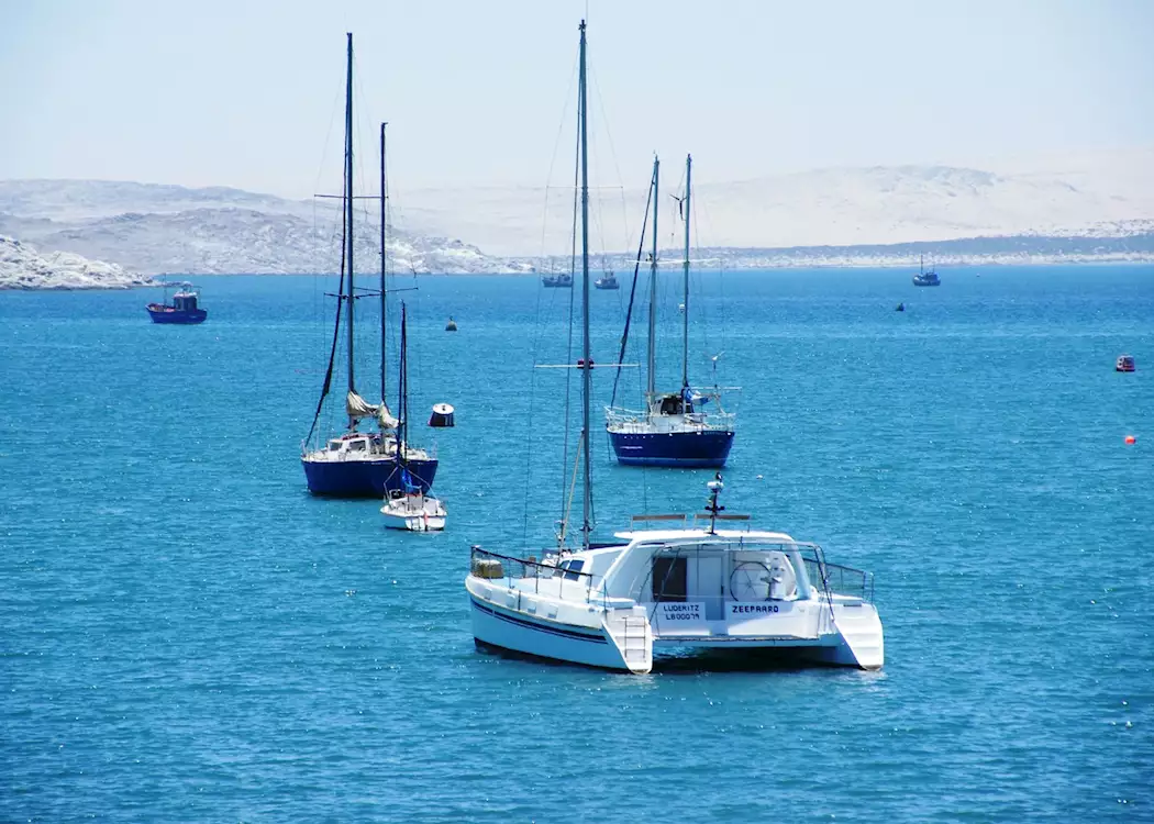 Catamarans and yachts moored off Luderitz,Namibia