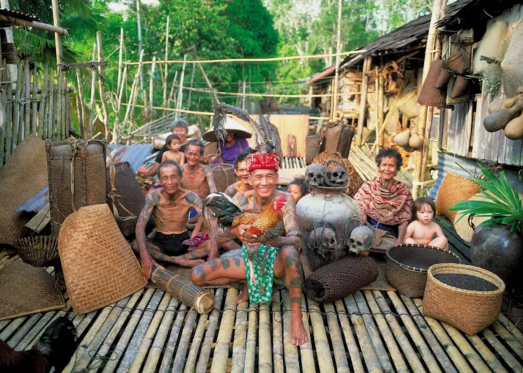 Iban tribe at their longhouse, Lemanak River, Sarawak