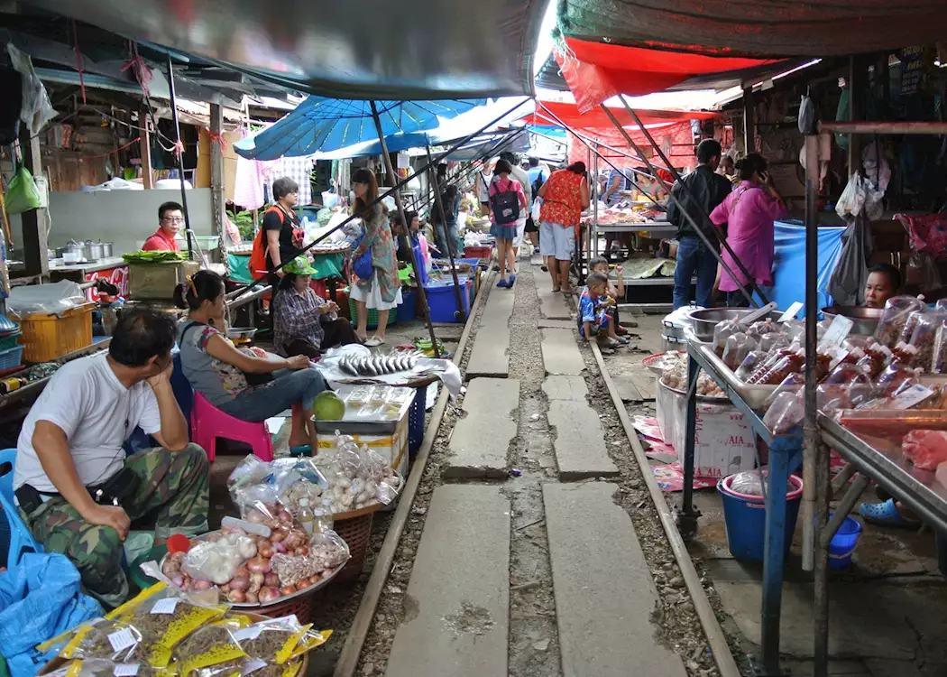 Market on the railway tracks, Amphawa