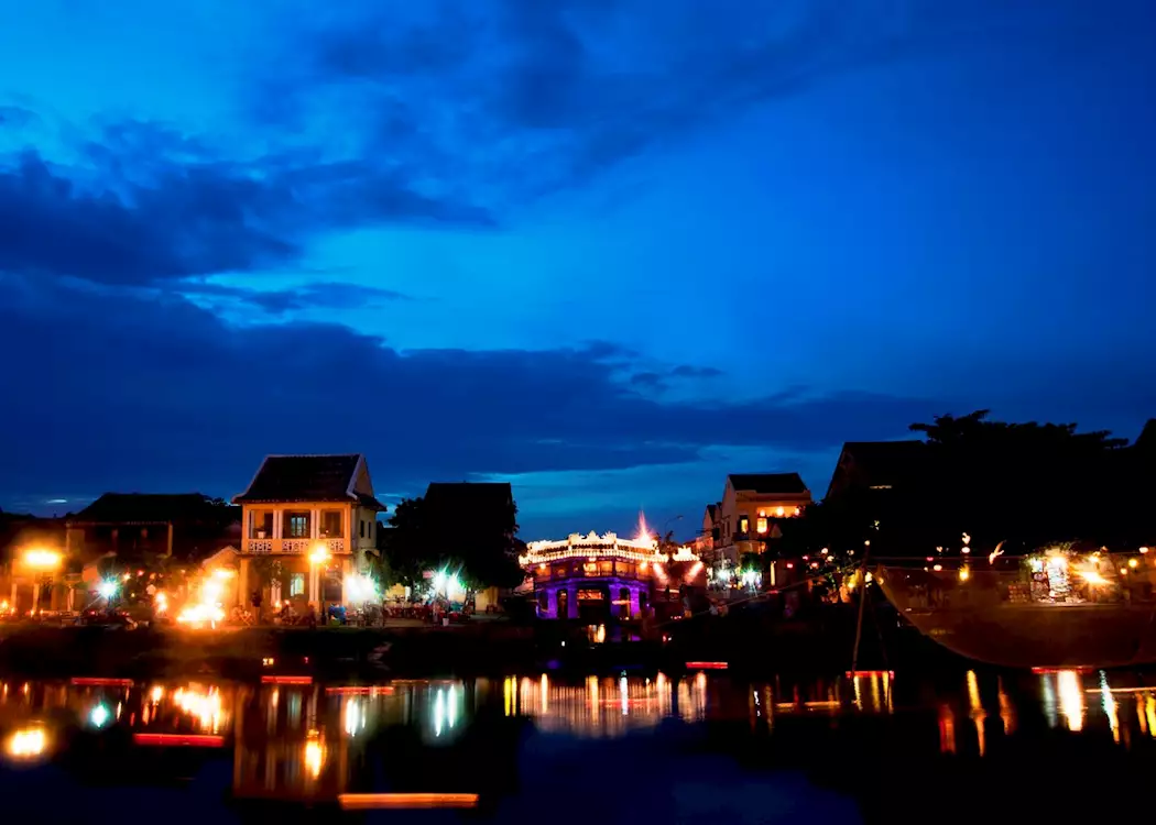 Japanese Bridge and the Hu Bon River at dusk, Hoi An, Central Vietnam