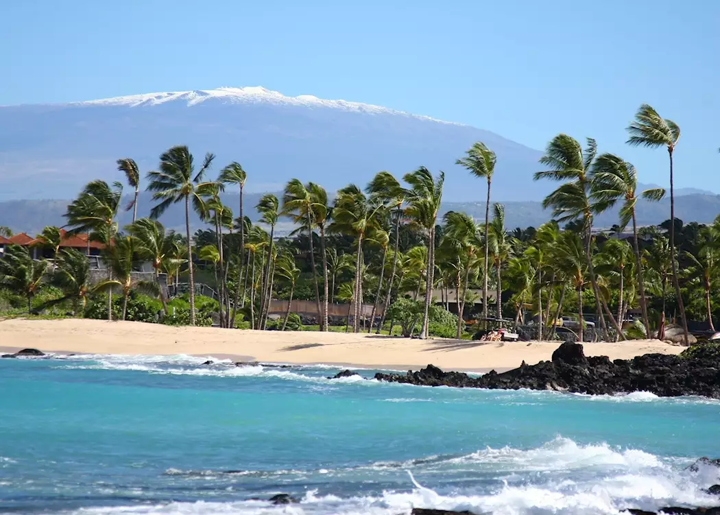 Beach with snow-capped Mauna Kea