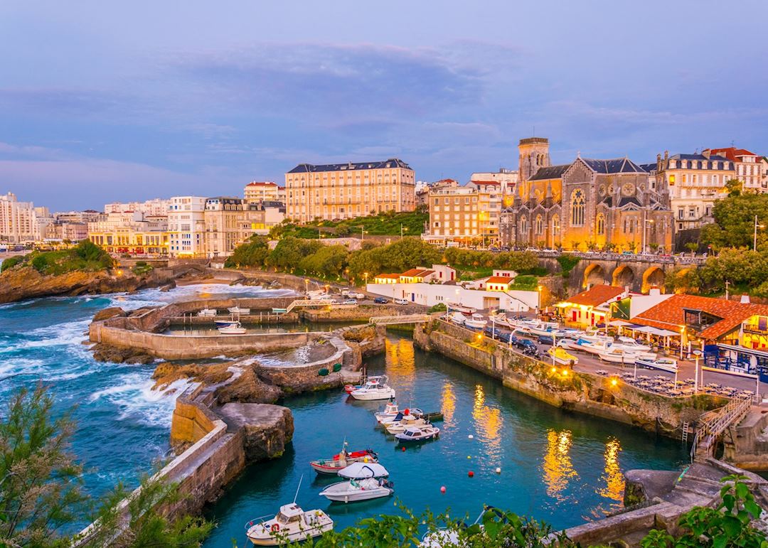 Sunset view of the marina in Biarritz