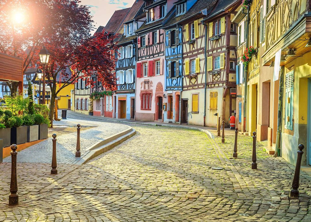 Colorful medieval half-timbered facades in Colmar 