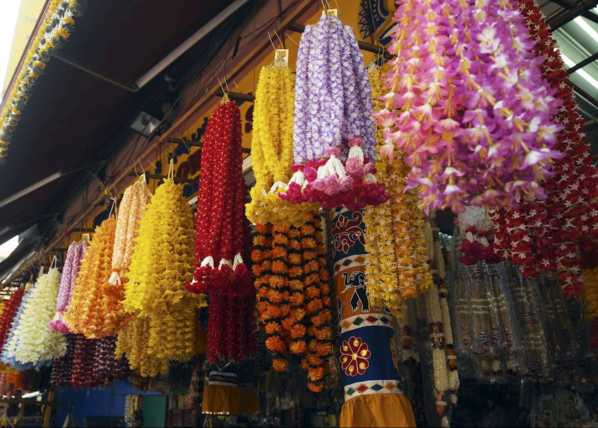 Floral offerings adorn the awning of a shop in Little India, Singapore Floral offerings adorn the awning of a shop in Little India, Singapore