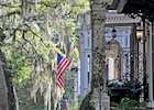 Jones Street flags and Spanish moss, Savannah, Georgia