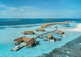 An aerial view of the water villas at COMO Cocoa Island