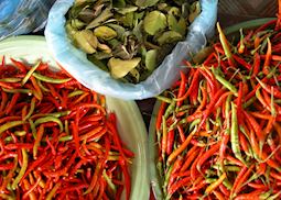 Chillis and Kaffir Lime Leaves; Phonsavan Market, Laos