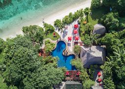 An aerial view of the beachfront TecTec Restaurant, Anantara Maia Seychelles Villas