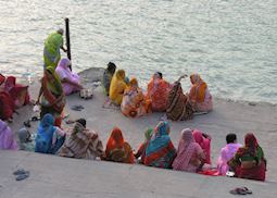 Hindu ladies waiting for the Aarti festival, Rishikesh