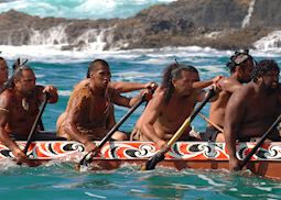 Maori Warriors in a Waka, Bay of Islands