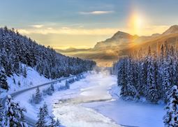 Winter sunset over Bow River, Banff