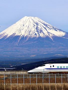 'Shinkansen' bullet train passing by Mount Fuji