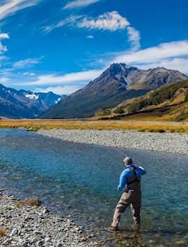 Fly fishing, Ahuriri River, Omarama, New Zealand