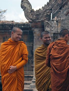 Buddhist monks outside the central sanctuary at Preah Vihear