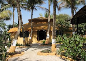 The covered lounge area at the Lion Safari Camp