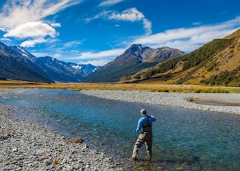 Fly fishing, Ahuriri River, Omarama, New Zealand