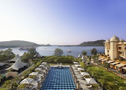 View over the swimming pool, Leela Palace, Udaipur
