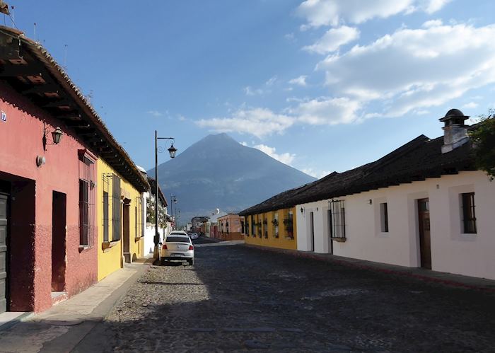 Typical street in Antigua, Agua volcano dominating the horizon