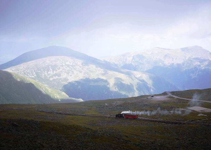 Steam train and mountain views from the top of Mount Washington