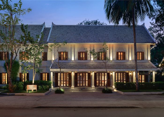 Hotel entrance at sunset, Avani Luang Prabang
