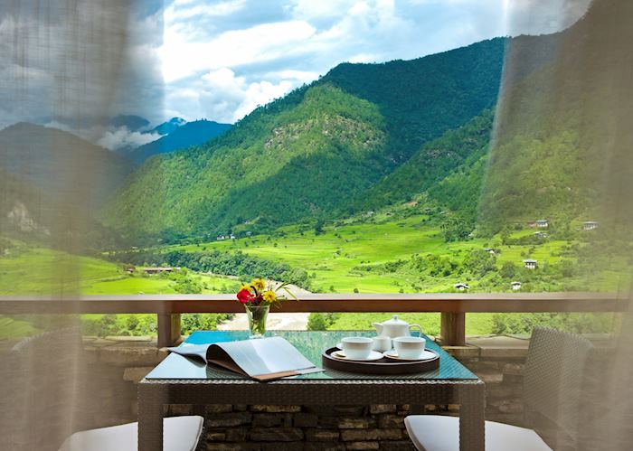 Tea on your terrace overlook the Punakha Valley at Uma Punakha