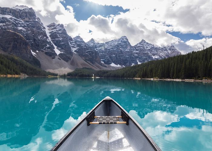 Canoeing on Moraine Lake, near Lake Louise, Alberta
