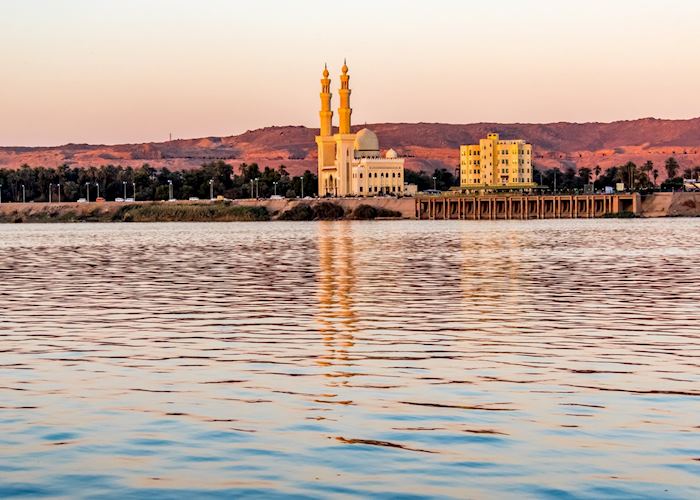 Mosque reflections at sunset on the Nile