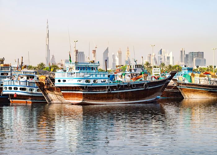 Traditional wooden dhows in Dubai Port
