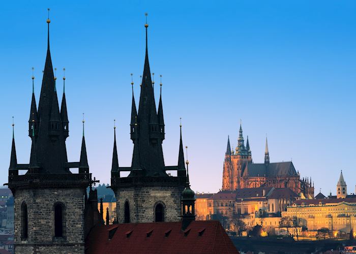 Týn Church and Prague Castle at sunset
