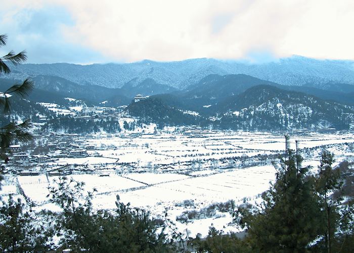 Jakar township on a snowy morning, Bumthang Valley, Bhutan