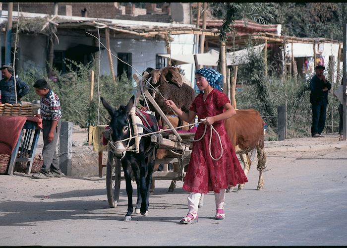 Uygur women and cart, Kashgar