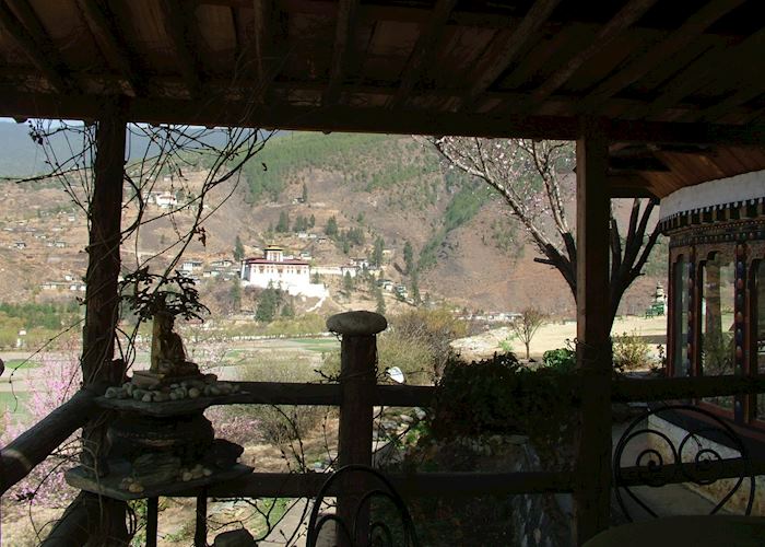 View of Paro Dzong from the terrace at Gangtey Palace