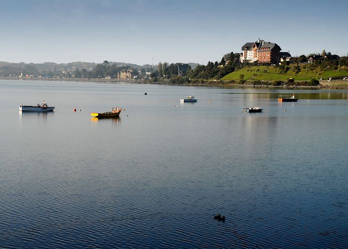 View across Lago Llanquihue to Hotel Cumbres Patagónicas, Puerto Varas