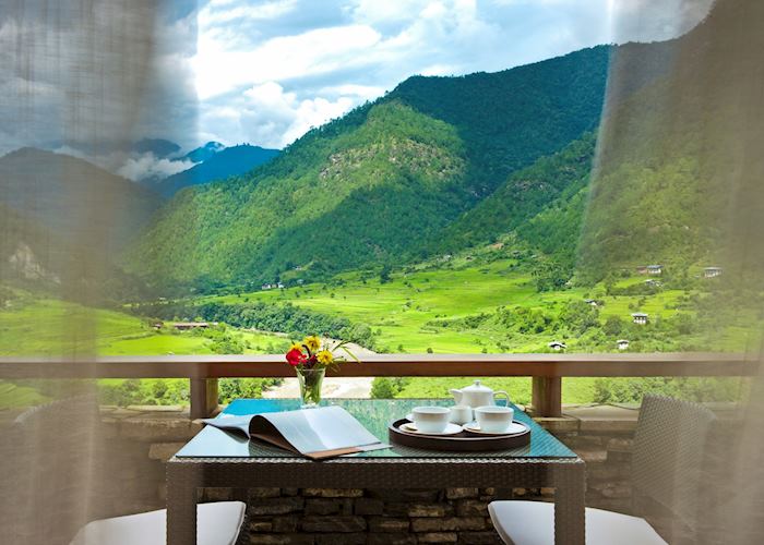 Tea on your terrace overlook the Punakha Valley at Uma Punakha