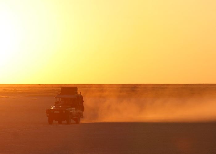 Sunset drive in the Makgadikgadi Pans