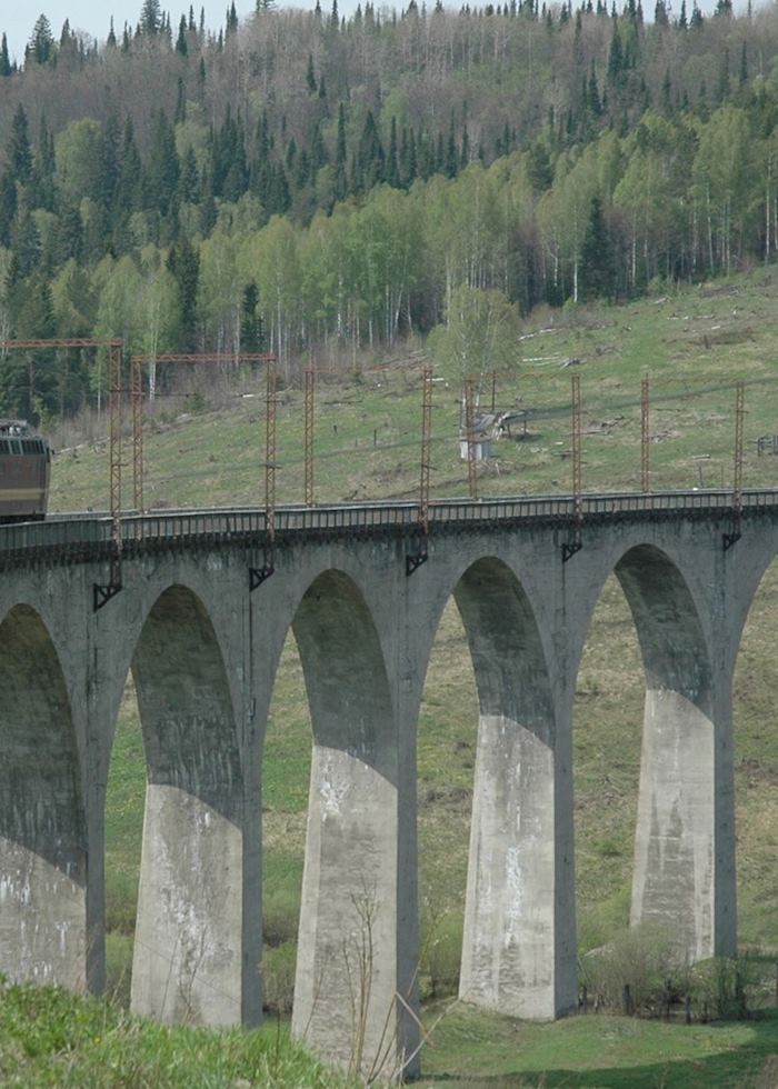 Trans-siberian train crossing a bridge
