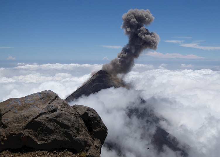 View of Fuego erupting from the summit of Acatenango Volcano