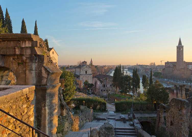 Roman theatre and aerial view at sunset, Verona