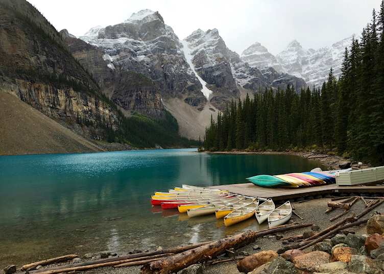 Canoes on Moraine Lake, Alberta