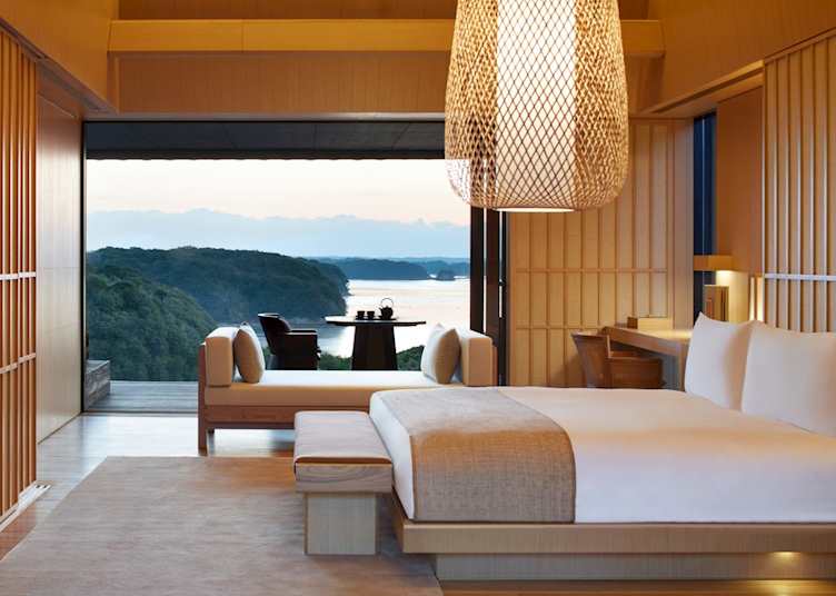 Nagi Suite bedroom at Amanemu, Shima