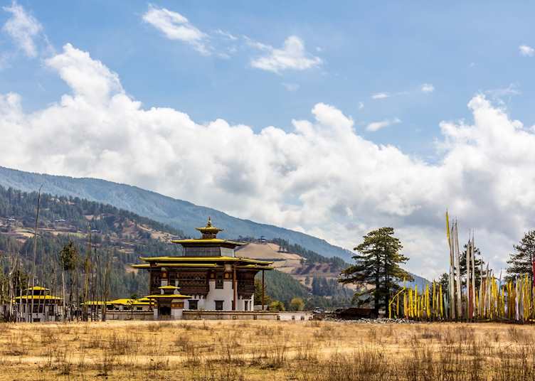 Temple with prayer flags, Bumthang, Bhutan